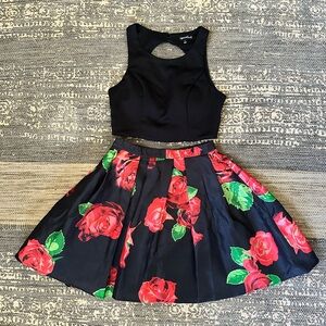 Sequin Hearts Elegant Black Crop Top with Full Red Rose Floral Short Skirt Set